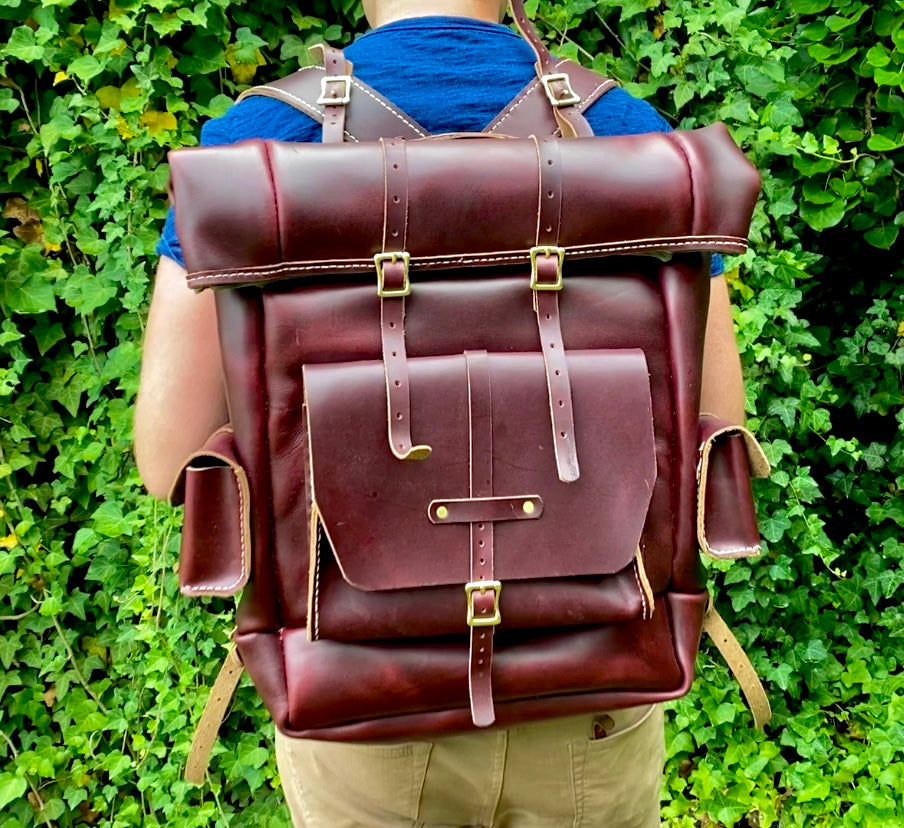double buckle leather backpack Seidel Oxblood Double Shot Rolltop Expedition Backpack with Lateral Cargo Compartments
