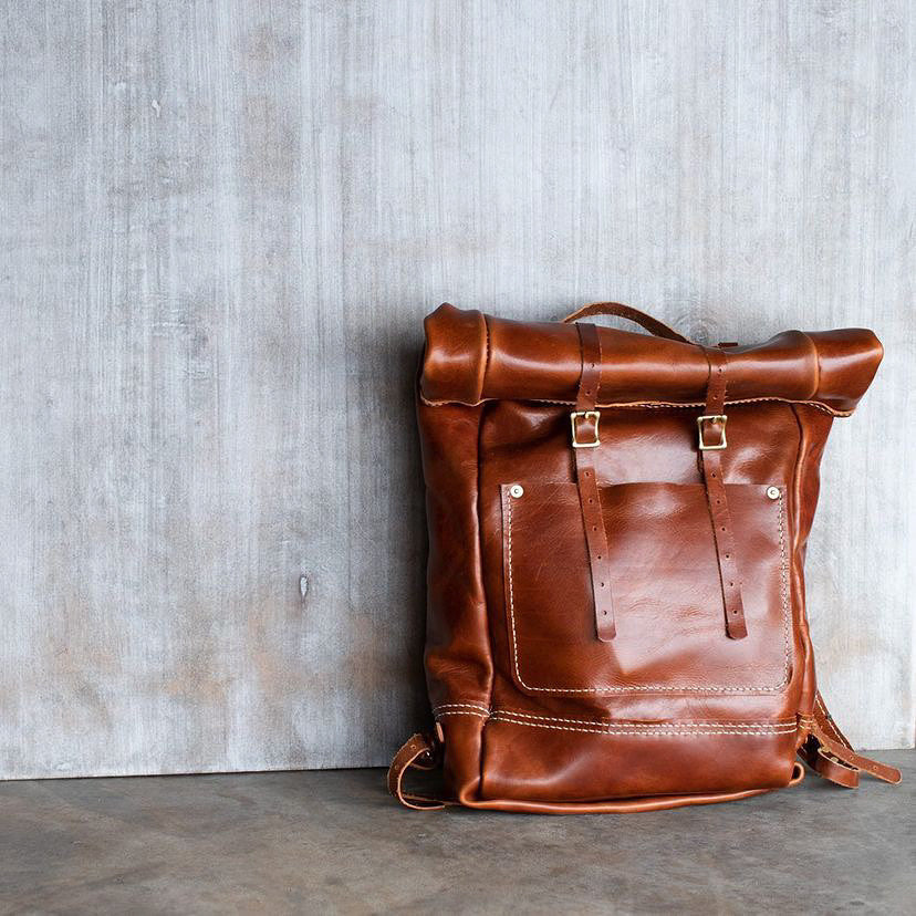 Rolltop Expedition backpack in Sepici Sienna chestnut leather